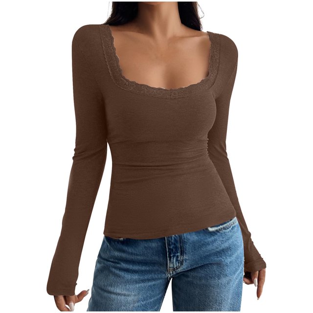 Timegard Going out Tops for Women Ribbed Lace Square Neck Slim Comfy Long Sleeve Shirts Tops Trendy