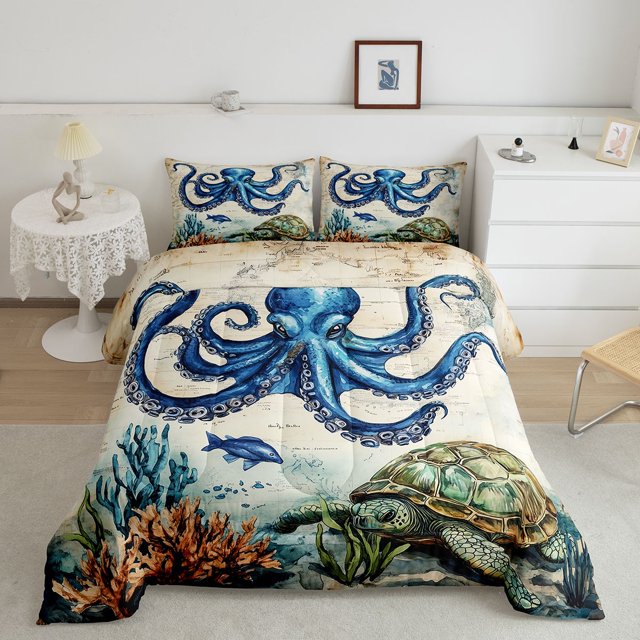 Erosebridal Kids Octopus Bedding Twin Comforter Set, Retro Map Down Comforter, Nautical Ocean decor, Reversible 2-Piece