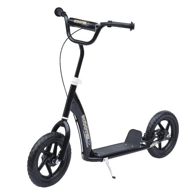 HOMCOM Kids Scooter Street Bike Bicycle for Teens Ride on Toy in black, designed for ages 5-12. Features a steel frame, 12-inch EVA tires, adjustable handlebars, and a wide textured foot deck for balance. Includes a rear braking system and lightweight design for easy transport. Maximum weight capacity of 110 lbs.