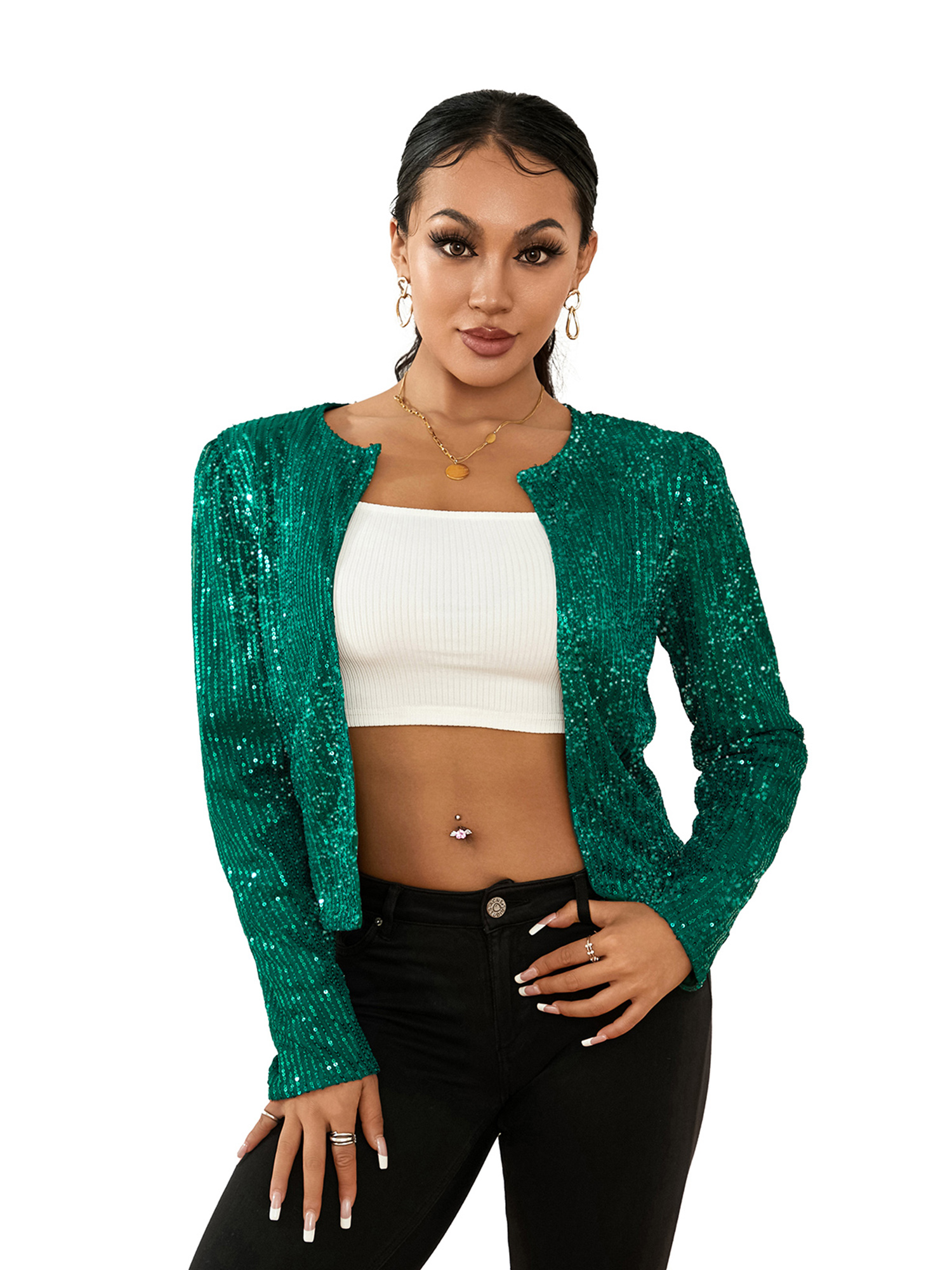 Kmbangi Women Sequined Jacket, Long Sleeve Open Front Fall Ladies Cardigan for Club Party