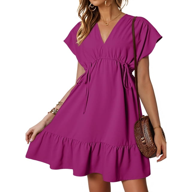 Offres jusqu'à 70 % de Rabais! Fashiopn Hauts d'Été pour Femmes 2024 Robes Grande Taille Manches Courtes Col en V Cordon Décontracté à Volants Robe Trapèze Courte Cadeau pour Femmes en Solde