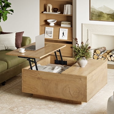 GUNAITO Table Basse à Plateau Relevable avec Rangement, Table Basse Carrée et Table Centrale Style Ferme Moderne pour Salon, Couleur Bois Naturel