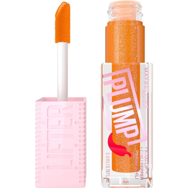 Maybelline New York Lifter Plump Lip Gloss 5.4 ml in bright orange glitter shade with chili pepper icon on clear rectangular tube, featuring pink 'PLUMP' text, a pink textured cap, and angled applicator wand, suitable for intense lip plumping and hydration.