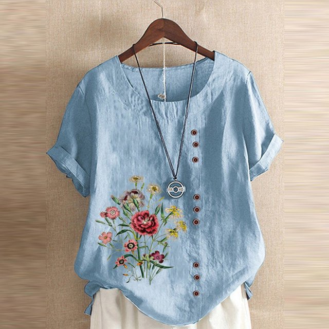 Aqestyerly T-Shirt d'Été à Manches Courtes pour Femme, Décontracté, à Imprimé Floral, Coupe Ample, Col Rond, Blouse Confortable, Haut Léger pour Tous les Jours HWRETIE