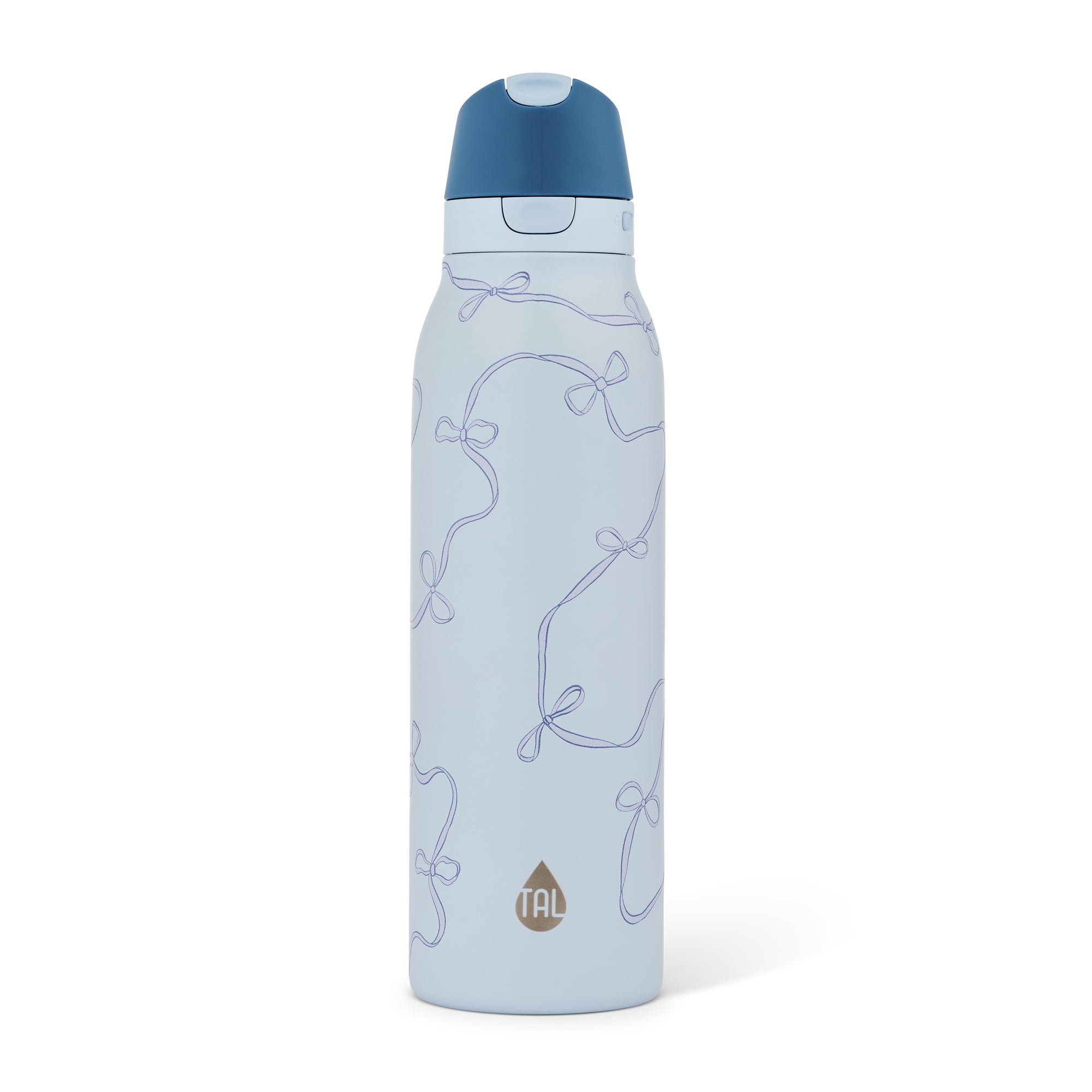 Bouteille d'eau TAL 2-en-1 en acier inoxydable de 710 ml (24 oz) avec paille et bouchon à pression, nœuds bleus
