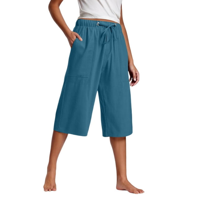 Kaemgyyd Womens Plus Size Capris Lounge Drawstring Cotton Linen Bermuda Shorts Flowy Wide Leg Beach Vaction Cropped Trousers