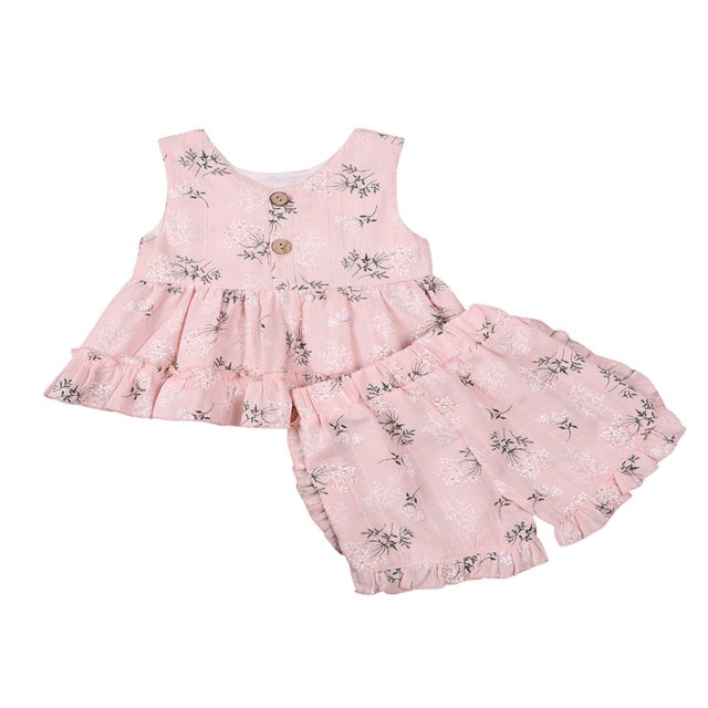 Baby Girl Ruffles Floral Printed Sleeveless Tops and Short Pants 1-2 Years