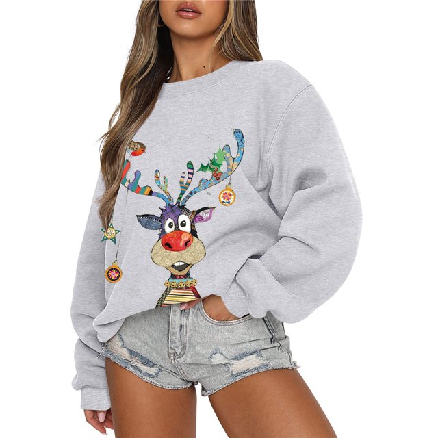 Chandail à Capuchon de Noël pour Adolescentes Mode de Noël Chandail en Molleton Décontracté à Manches Longues Col Rond Imprimé pour Femmes Hauts Blouse Chandails en Molleton Femmes en Liquidation