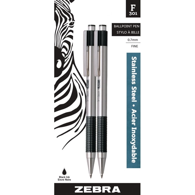 ZEBRA F-301 Stylos à Bille Rétractables en Acier Inoxydable avec Pointes d'Encre Noire fine de 0,7 mm, Dotés de Poignées Noires Texturées Antidérapantes et de Pinces Métalliques, Montrés Orientés vers l'Avant avec une illustration de Zèbre Stylisée, Convenant à l'Usage au Bureau et à l'École.