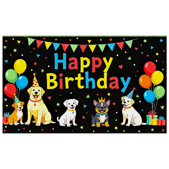 Cute Dog Themed Happy Birthday Banner with Balloons Party Decorations Backdrop for Photography Props Birthday Party Supplies Kids Celebration Event Decor
