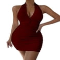 thumbnail image 1 of LYMAYTER ‌Women's Halter Bodycon Mini Dress V-Neck Backless Ruched Detail Dresses S-XL, 1 of 10