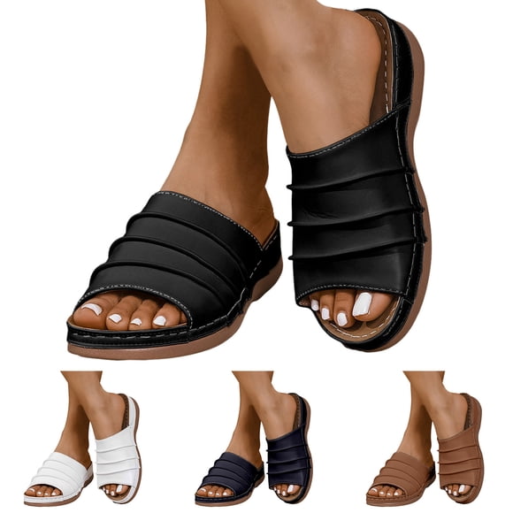 Dakaela Orthopedic Wedge Sandals for Women Summer Dressy 2026 Slip on Slides Open Toe Arch Support Casual Walking Beach Shoes Outdoor Black 8.5