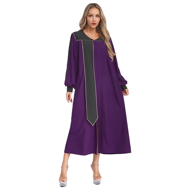 iefiel Womens Color Block Choir Robe Minister Pastor Robe Puff Sleeves Split Zipper Front Gown Graduation Gown DarkPurple XXL