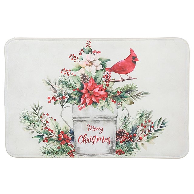 Tapis à Impression Numérique en Mousse Mémoire, Floral, Montrant un Tapis Rectangulaire Blanc avec un Motif Floral Festif de poinsettias Rouges et Blancs, de branches de Pin, de Baies Rouges et de Pommes de Pin Arrangés dans un Pichet Blanc Étiqueté « Joyeux Noël » avec un cardinal Rouge Perché sur la Poignée, Convenant au décor Saisonnier des Planchers et au Confort.