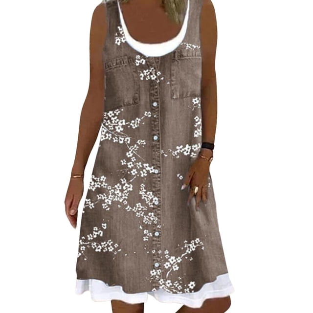 MAWCLOS Robe d'Été Droite pour Femmes, Encolure Dégagée, Robes Débardeur, Tunique Midi Unie, Robe Bohème de Voyage Sans Manches, Brun à Fleurs L
