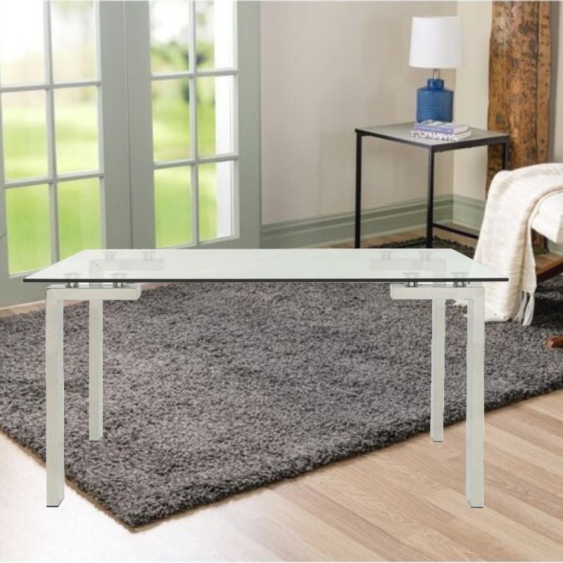 Emma Dining Table in Chrome, Rectangular Dining Table, Glass Dining Table, Stainless Steel Dining Table, Clear Glass Dining Table, Modern Rectangle Dining Table, Kitchen Dining Table with Tempered Gla