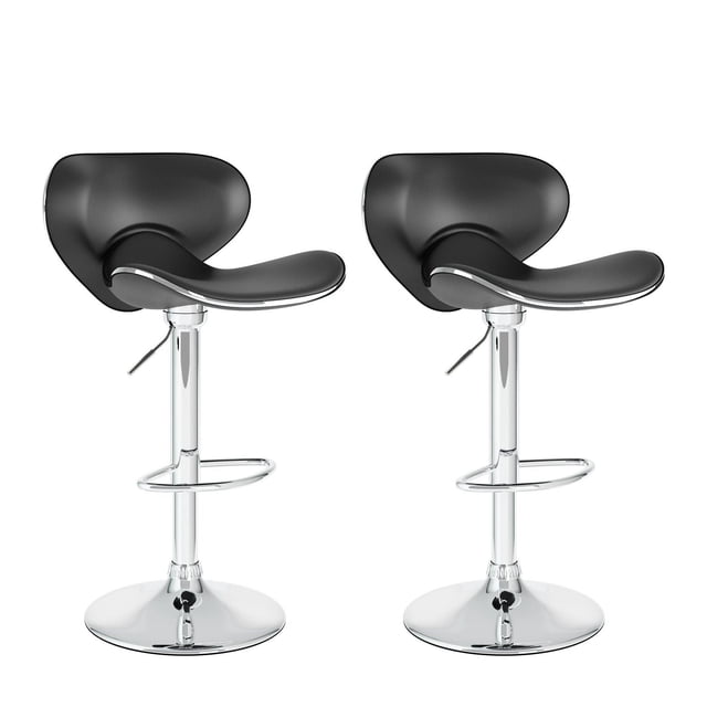 CorLiving Marcus Curved Form Fitting Upholstered Adjustable Height Indoor Barstools - Set of 2 with black PU leather curved saddle seats and low backs, chrome metal pedestal bases with footrests, gas lift height adjustment from 23.75 to 31.75 inches, and 360-degree swivel, suitable for kitchen or dining seating and compact spaces.