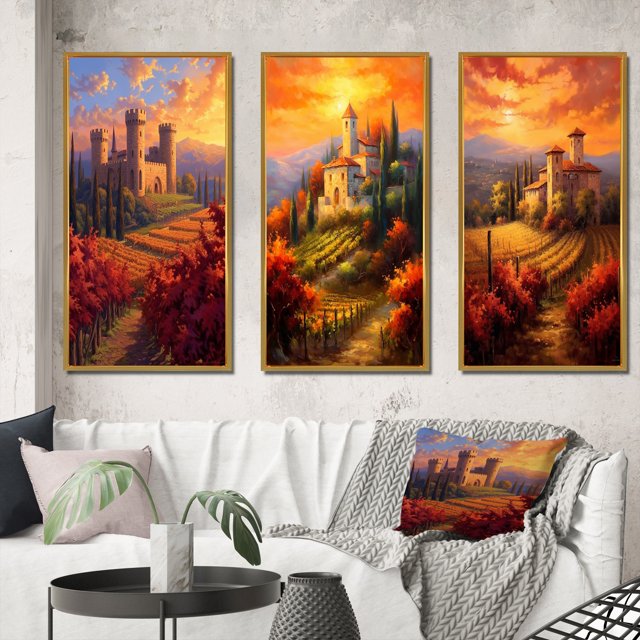 Designart "Beautiful Sunset over Old Castle in Italian Vineyard I" Castles Framed Wall Art Set Of 3 - Red Traditional Frame Gallery Set For Office Decor