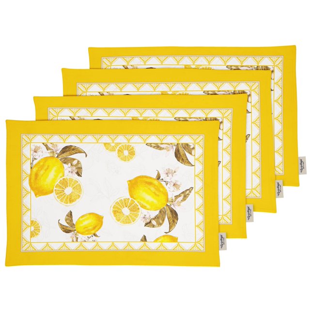 Vargottam Napperons - Napperon pour Table à Manger, Ensemble de 4 - Serviette en Coton Imprimée et Réversible - Napperons d'Intérieur pour Table de Maison et de Cuisine - Citron (Jaune)