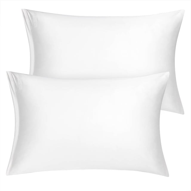 PiccoCasa 2 Pcs Satin Pillowcase Zippered Silky Sateen, Standard Snow White. This set includes two standard-sized pillowcases made from soft, silky satin material in a snow-white colour. The zippered closure ensures the pillow stays securely in place. Designed to protect hair and skin, these pillowcases help reduce split ends, minimize facial creases, and maintain moisture. Lightweight, breathable, and cool to the touch, they are suitable for year-round use. Ideal for home bedding, these pillowcases are hand washable and wrinkle-resistant.