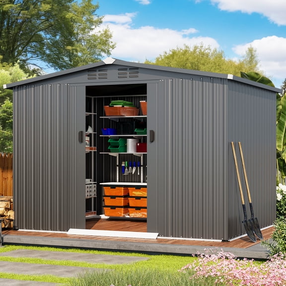 AECOJOY Abri de Rangement Extérieur 8 x 6 Pi avec Porte Verrouillable, Armoire en Métal pour Patio, Jardin, Cour Arrière, Gris Foncé