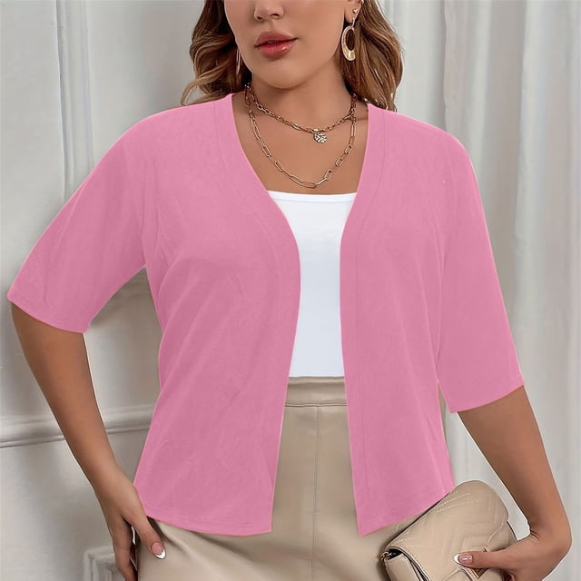 CFLVAEK Fall Cardigan Sweaters for Plus Size Women Casual Short Sleeve Open Front Shrugs Soft Solid Color Cropped Boleros Lightweight Cardigans Cover Ups