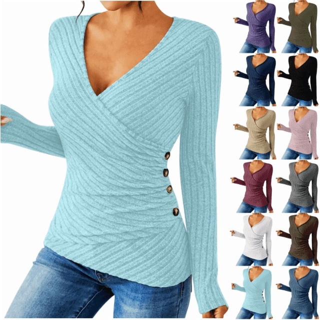 QATAINLAV Lightweight Sweater for Women Casual Deep V Neck Long Sleeve Tops Ribbed Knit Button Cross Wrap Pullover, Navy, M