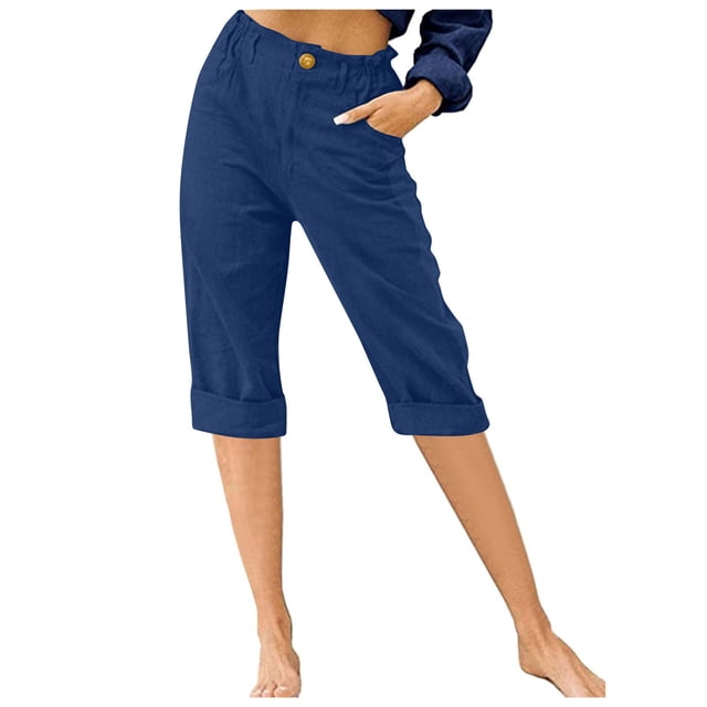Timegard Womens Capri Pants Straight Leg Elastic Waisted Button Summer Casual Crop Pants with Pockets