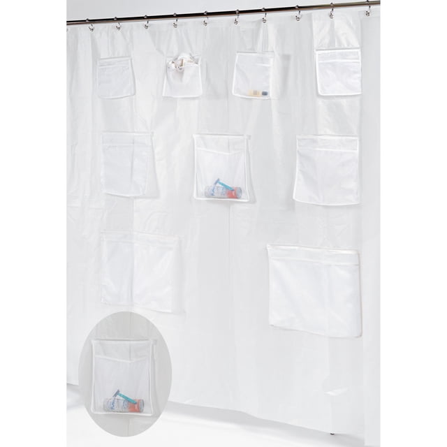 Rideau de Douche en Tissu Imperméable Ou Doublure avec Poches, Orienté vers l'Avant, Pleine Longueur, Doublure Imperméable 100 % polyester avec Poches en Maille Cousues Visibles pour Accessoires de Bain, Bord Supérieur avec Trous Style Oeillets pour Crochets, accent de Déco de Salle de Bain, Poches Recommandées max 1 Livre (1 lb) Chacune; Convient Aussi à l'Organisation de Bouteilles Format Voyage.