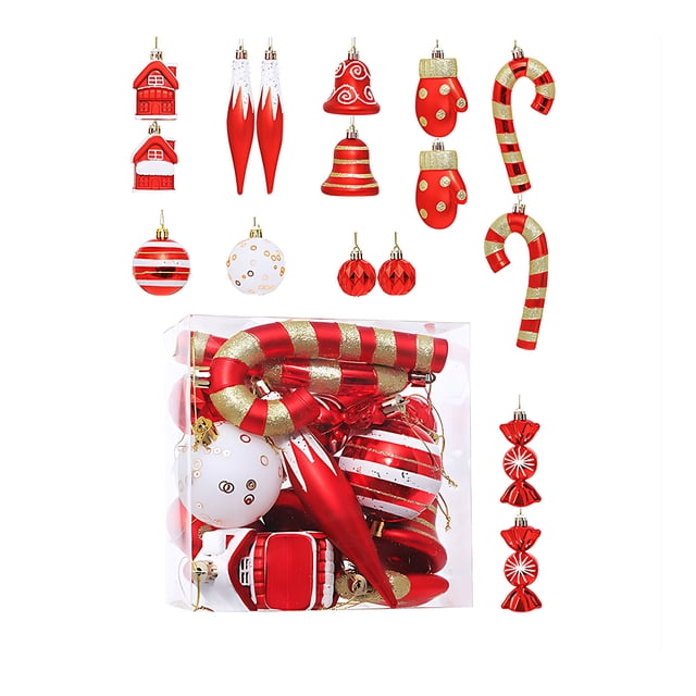 TopLLC 32 Pcs Christmas Tree Hanging Ornaments Set, Pre-Tied Shatterproof Plastic Assorted Baubles with Rope, Glitter Xmas Tree Decorative Pendants Christmas Decorations for Party Holiday Wedding