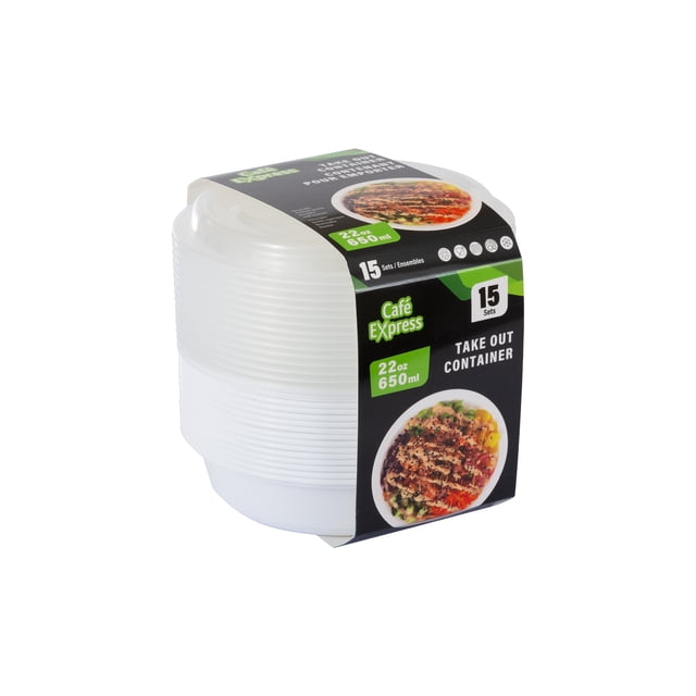 Café Express Round Food Storage Take Out Containers with Lids, 650 ml, 15 Sets front-facing stacked view of translucent round PP (polypropylene) containers with matching tight-fitting lids and stackable profile on a white background. Each container holds 650 mL, suitable for meal prep, takeout and leftovers, and often used to store craft beads or small hardware for travel.