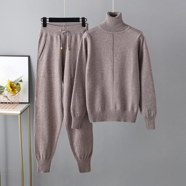 Mode Femmes Hiver Tricoté Manches Longues Pantalon Chemise Décontractée Ensemble Deux Pièces