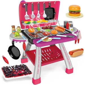 Kids Play Kitchen Toys, Kids BBQ Grill Kitchen Playset with Smoke, Sound & Light, Pink Play Food Toys Cooking Set, 2-Layer Barbecue Outdoor Play Gril