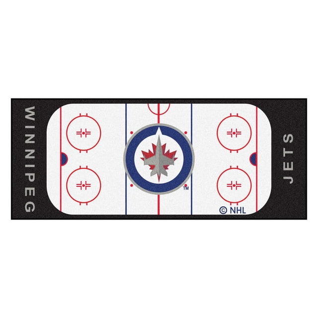 NHL - Winnipeg Jets Rink Runner 30"x72" hockey rink-shaped runner rug with white nylon face, red and blue rink markings, and Winnipeg Jets logos at center ice and ends. Black border features WINNIPEG and JETS text in grey. It has a recycled vinyl nonskid backing and serged edges for durability, suitable for game rooms, man caves, or bedrooms.