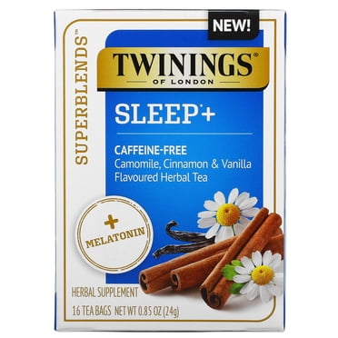 Twinings,Superblends , Sommeil avec Mélatonine, Tisane à la Camomille, à la Cannelle et à la Vanille, Sans Caféine, 16 Sachets de Thé, 0,85 oz (24 g)