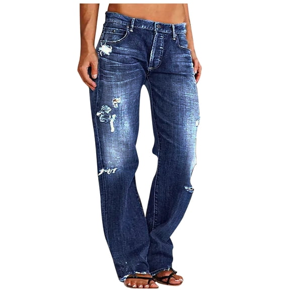 Women's Ripped Straight Leg Jeans Loose Distressed Boyfriends Jeans High Waist Baggy Denim Pants Distressed Trousers