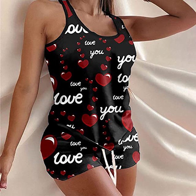 Mikilon Ensemble de Pyjama pour Femme de la Saint-Valentin à Imprimé Amour, Taille Élastique, Short