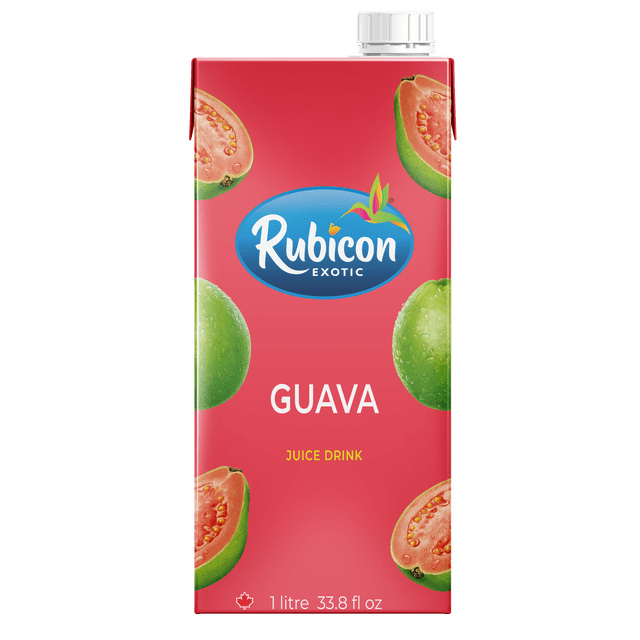Rubicon Boisson de Jus Exotique à la Goyave, carton de 1 Litre avec Bouchon à Vis Blanc, Fond Rouge Présentant des Moitiés Entières de Goyave Verte et de Goyave Rose, Marquée du logo Rubicon et du Nom du Produit, Idéale pour Mélanges de Jus de Fruits.