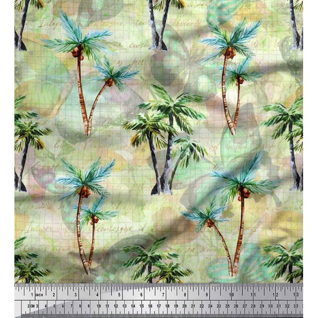Soimoi Poly Georgette Fabric Check,Text & Coconut Tree Print Sewing Fabric Yard 42 Inch Wide