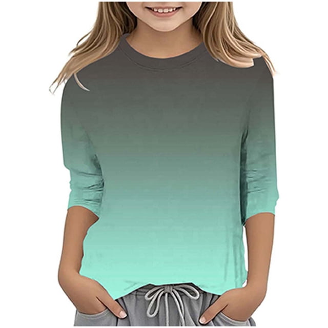 Splozh T-Shirt à Manches Longues pour Tout-Petit Fille Décontracté Col Rond T-Shirt à Manches Trois Quarts Haut Basique Régulier à Manches 3/4 Vert Menthe, 10-11 Ans