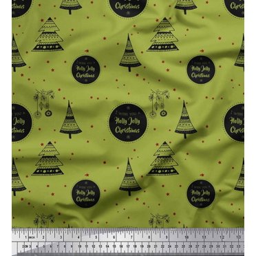 Soimoi Green Georgette Viscose Fabric Text & Tree Christmas Fabric Prints By Yard 42 Inch Wide
