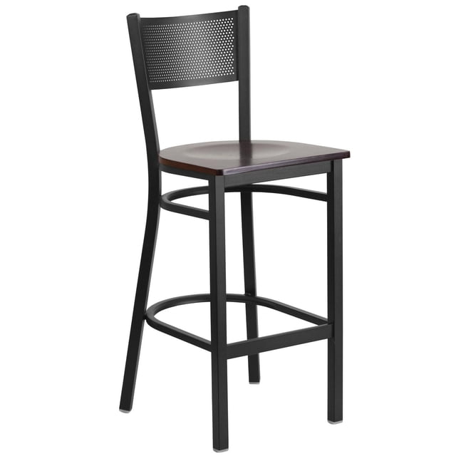 HERCULES Series Black Grid Back Metal Restaurant Barstool - Walnut Wood Seat