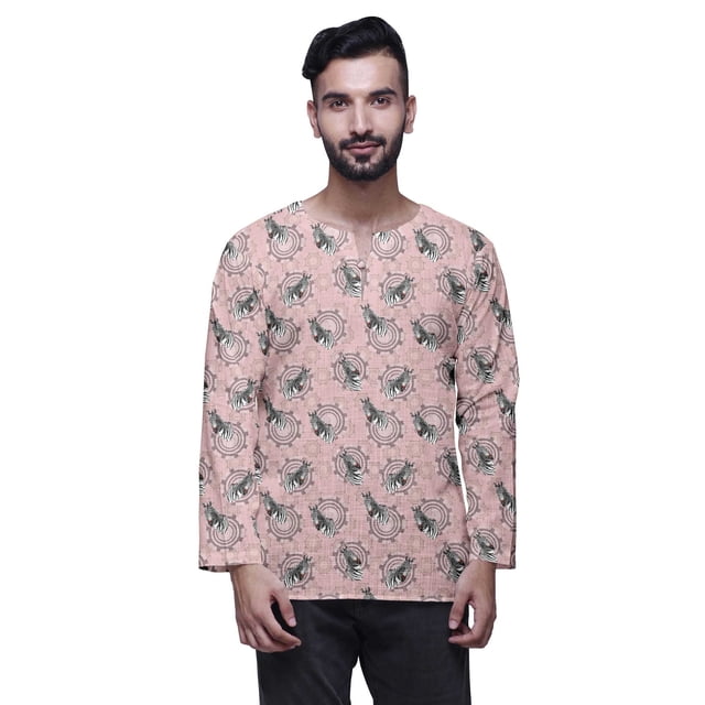 Atasi Cotton Slub Long Sleeve Kurta for Men Keyhole Neck Ethnic PrintedShirt