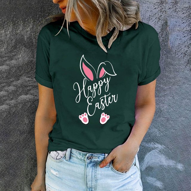 EGNMCR Chemise de Pâques Manches Courtes pour Femmes Imprimé de Pâques T-shirt Col Rond Mode et Confortable Haut Manches Courtes Col Rond T-Shirts pour Femmes