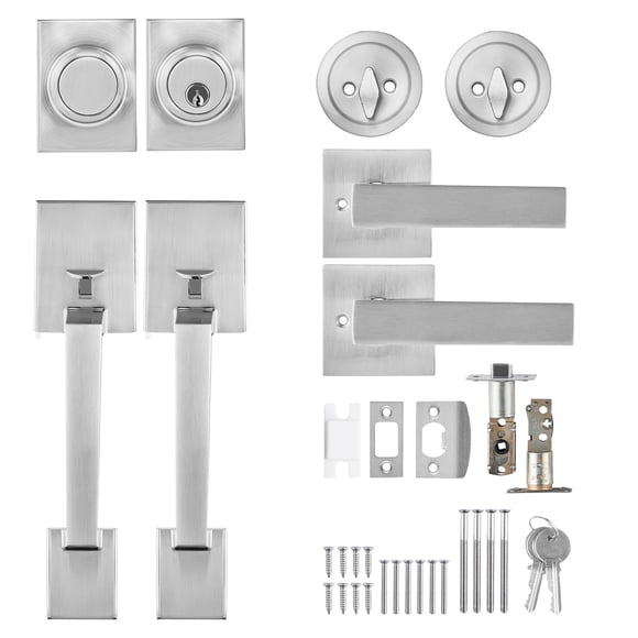 KFFKFF Double Door Handle Set, Double Door Lock Set with Reversible Handle Lever, Satin Nickel Square Door Lever, Heavy Duty Double Front Door Handle Set with Dummy