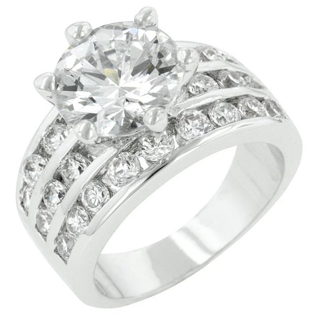 Genuine Rhodium Plated Classic Round CZ Engagement Ring Featuring 4 Row Channel Set Shoulders in Silvertone- Size 5
