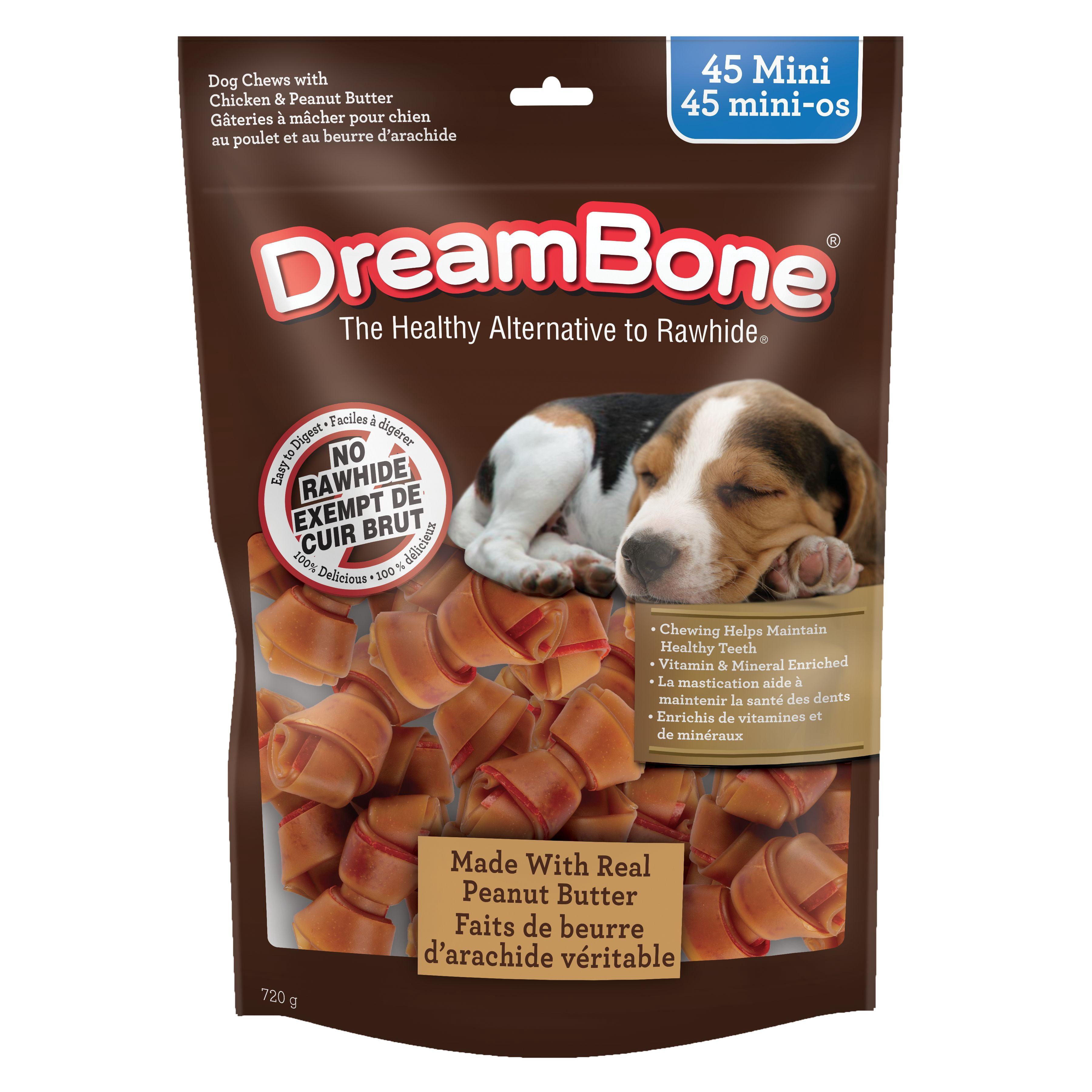 DreamBone Peanut Butter Mini Bones 45 Count – Rawhide-Free Dog Chews Made with Real Chicken & Peanut Butter, Easy-to-Digest Value Pack for Small Dogs