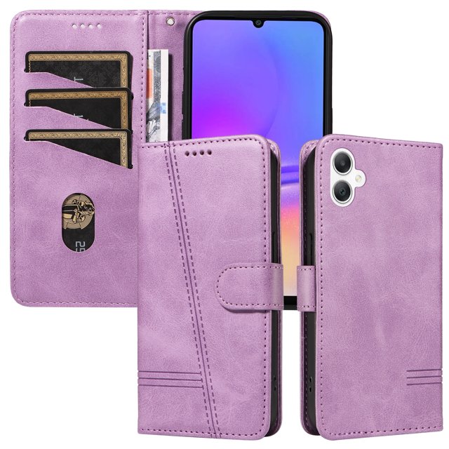 Phone Case for Samsung Galaxy A06 Magnetic PU Leather Card Slots Durable Wallet Cover in a lavender color. The case features a book-style folio design with three card slots and a compartment for cash, secured by a strong magnetic closure. It includes a kickstand for adjustable viewing angles and a wrist strap for convenience. The raised edges around the camera and screen provide extra protection, while the soft TPU inner absorbs shocks. The stylish leather exterior adds a classy touch, making it both functional and fashionable.