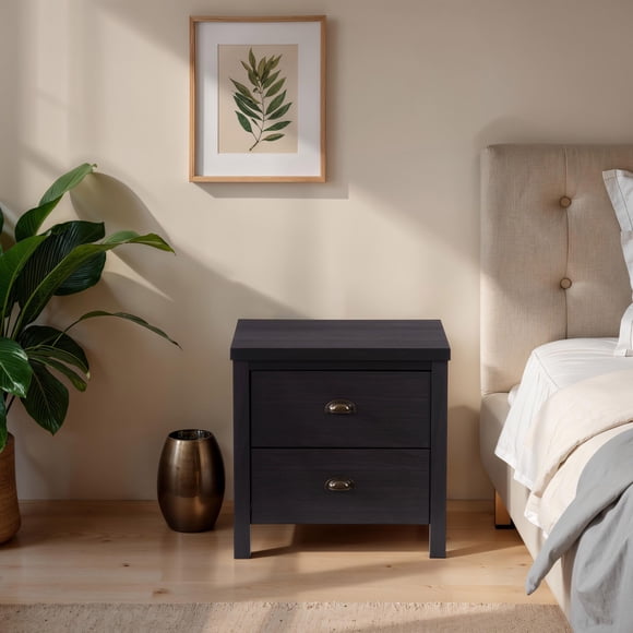 Table de chevet contemporaine CorLiving Boston en bois d'ingénierie avec deux tiroirs, noire