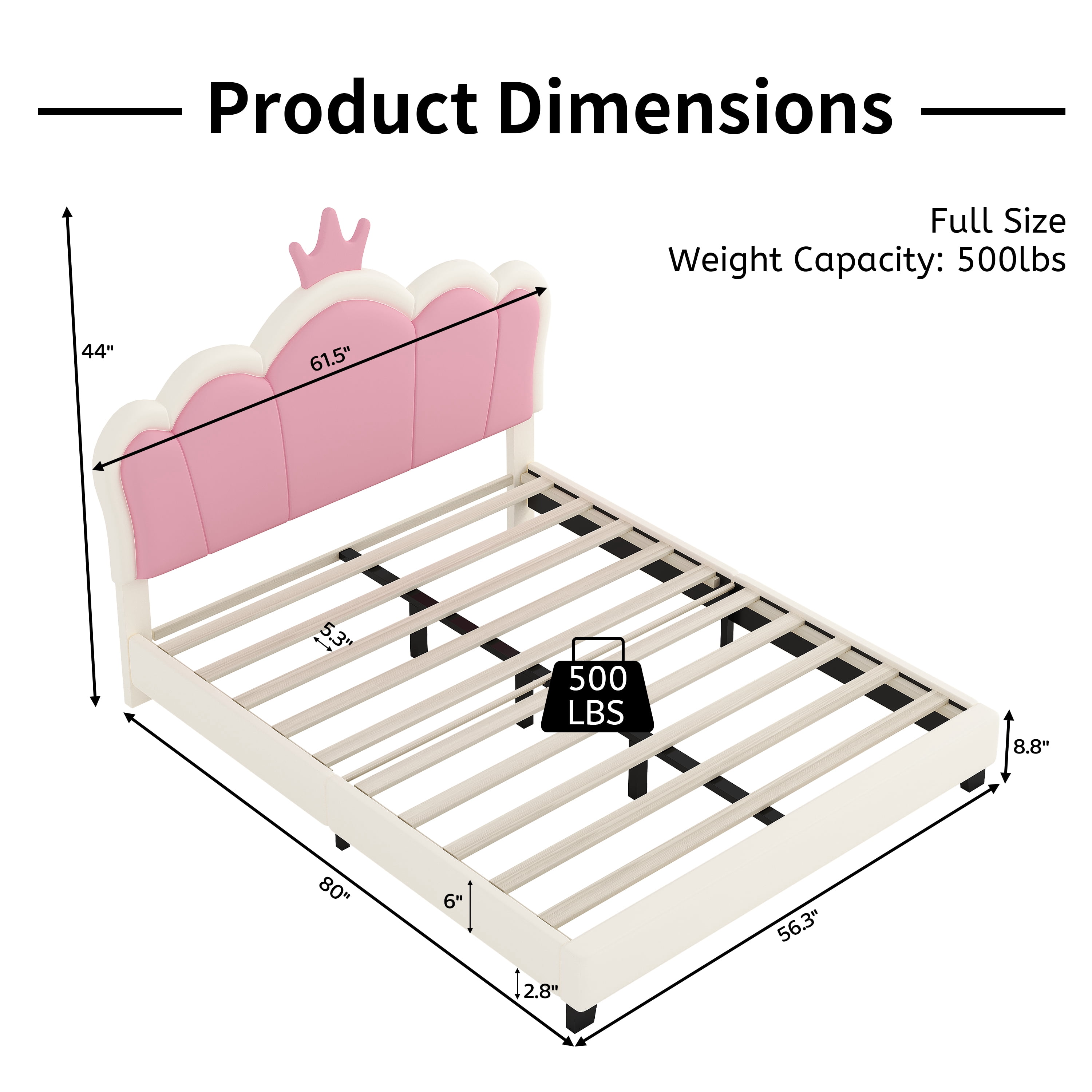 Homy Casa Full Size Princess Bed, Cream Pink, Crown Headboard, PU & Wood Frame, 500 lbs Capacity, Kids Bedroom Furniture, Easy Assembly